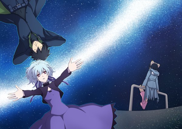 Anime picture 1469x1043 with darker than black studio bones yin (darker than black) hei (darker than black) 108 (pixiv) short hair black hair purple eyes sky silver hair ponytail lying eyes closed from behind outstretched arm arms behind head milky way girl dress boy