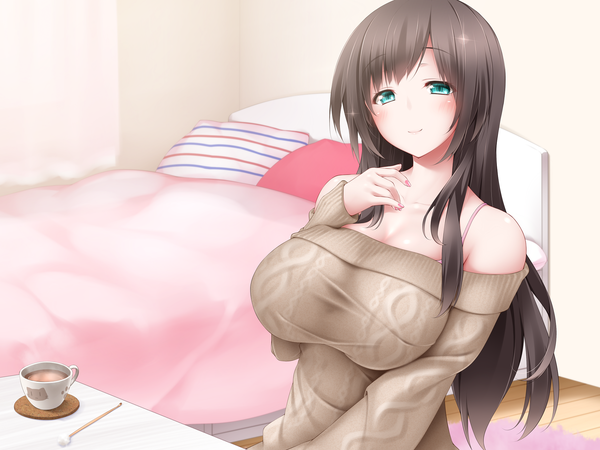 Anime picture 2000x1500 with original midoriiro no shinzou single long hair looking at viewer blush fringe highres breasts light erotic smile brown hair sitting bare shoulders green eyes cleavage indoors nail polish fingernails huge breasts