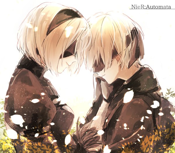 Anime-Bild 900x787 mit nier nier:automata yorha no. 2 type b yorha no. 9 type s yasunaga short hair simple background smile white background upper body white hair profile puffy sleeves copyright name holding hands face to face blindfold hand on another's face girl dress