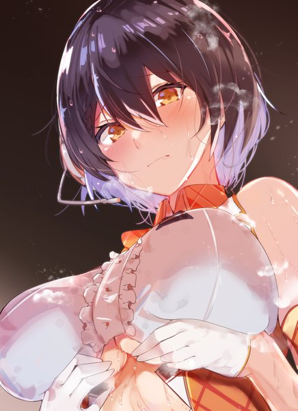 Anime picture 1163x1600 with azur lane baltimore (azur lane) baltimore (muse) (azur lane) arito arayuru single tall image looking at viewer blush fringe short hair breasts light erotic black hair simple background hair between eyes large breasts yellow eyes from below sweat embarrassed