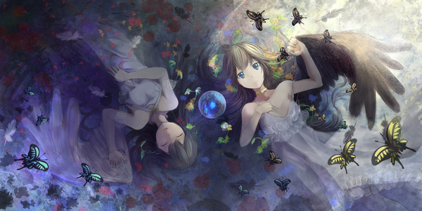 Anime picture 3000x1500 with original koroneko long hair highres blue eyes black hair wide image multiple girls lying eyes closed girl 2 girls wings leaf (leaves) insect butterfly