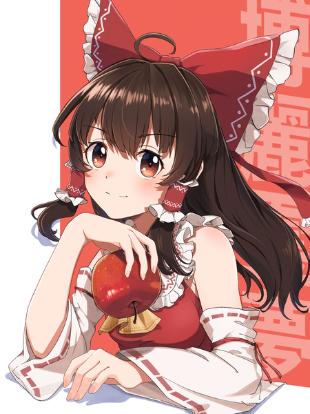 Anime picture 2048x2732 with touhou hakurei reimu ponpochi single long hair tall image looking at viewer fringe highres smile hair between eyes red eyes brown hair upper body ahoge traditional clothes japanese clothes character names nontraditional miko girl