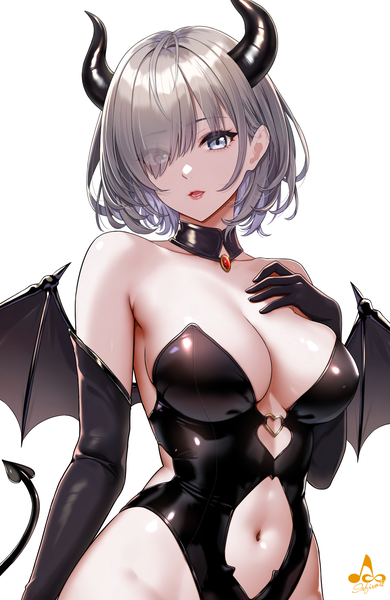 Anime picture 1170x1800 with original sashou mihiro infinote single tall image looking at viewer short hair breasts light erotic simple background large breasts white background silver hair upper body tail horn (horns) demon girl demon tail silver eyes demon wings
