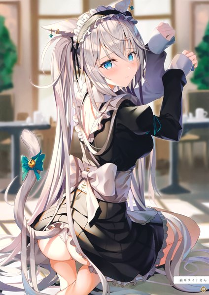 Anime picture 2881x4080 with original rin yuu single tall image looking at viewer blush fringe highres blue eyes light erotic hair between eyes twintails animal ears payot silver hair ass indoors tail long sleeves very long hair