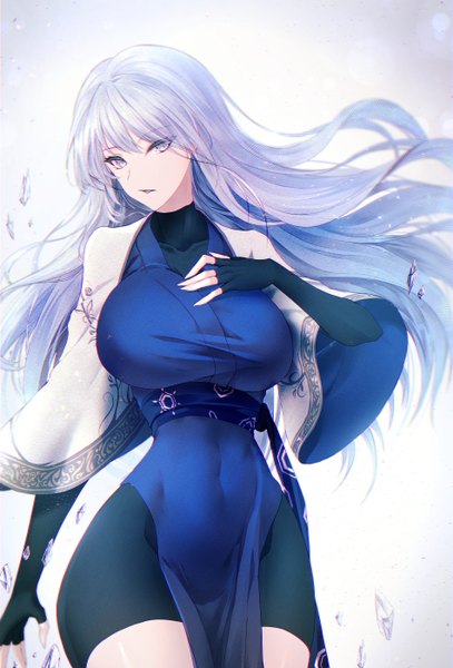 Anime picture 950x1400 with original limeblock single long hair tall image looking at viewer fringe breasts open mouth light erotic simple background hair between eyes large breasts standing silver hair wide sleeves floating hair covered navel hand on chest side slit