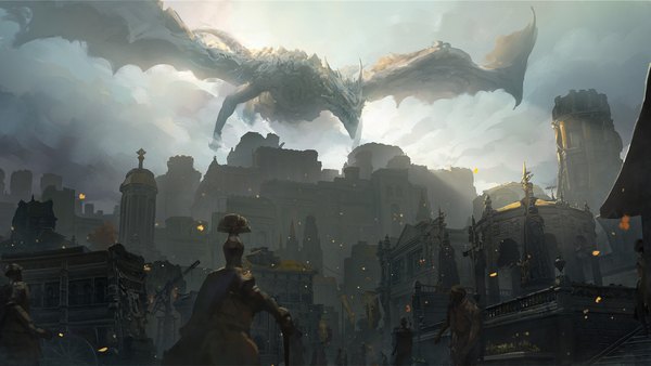 Anime picture 1920x1080 with elden ring gransax leyndell soldiers zeyuz highres wide image sky outdoors fantasy building (buildings) dragon castle people tower