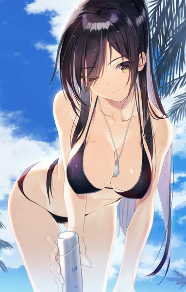 Anime picture 767x1200 with idolmaster idolmaster shiny colors shirase sakuya nakamura takeshi single long hair tall image fringe breasts light erotic black hair large breasts holding yellow eyes sky cloud (clouds) ponytail one eye closed light smile hair over one eye