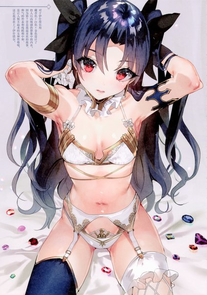 Anime picture 4272x6064 with fate (series) fate/grand order ishtar (fate) nekometaru single long hair tall image looking at viewer blush fringe highres open mouth light erotic black hair simple background hair between eyes red eyes sitting absurdres cleavage