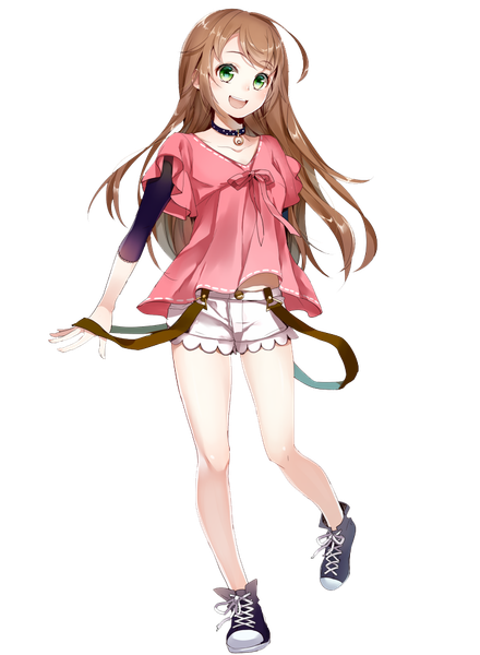 Anime picture 750x1023 with original yuzuki kihiro single long hair tall image looking at viewer open mouth brown hair green eyes full body ahoge transparent background girl choker shoes shorts sneakers suspenders white shorts