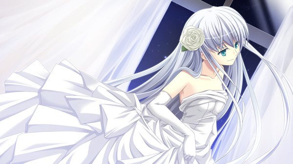 Anime picture 1280x720 with end sleep single long hair looking at viewer blue eyes wide image game cg silver hair hair flower girl dress gloves hair ornament elbow gloves wedding dress strapless dress