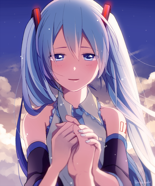 Anime picture 752x900 with vocaloid hatsune miku nokuhashi long hair tall image looking at viewer blush fringe blue eyes hair between eyes twintails bare shoulders signed blue hair cloud (clouds) upper body nail polish tattoo night sky holding hands