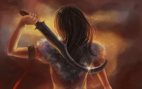Anime picture 1680x1050 with original tagme (artist) single long hair brown hair sky from behind back girl ribbon (ribbons) weapon sword fur armband