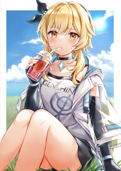 Anime picture 919x1300 with genshin impact lumine (genshin impact) lumine (zhangjiajie) (genshin impact) higeneko single long hair tall image looking at viewer blush fringe blonde hair yellow eyes payot sky cloud (clouds) bent knee (knees) sweat copyright name thighs official alternate costume
