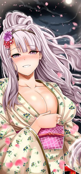 Anime picture 500x1066 with idolmaster shijou takane inu (marukome) single long hair tall image blush fringe breasts light erotic smile ponytail traditional clothes japanese clothes pink eyes grey hair no bra huge breasts girl hair ornament