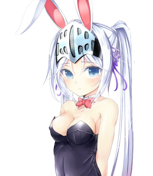 Anime picture 873x1000 with kore wa zombie desu ka? studio deen eucliwood hellscythe morerin single long hair tall image looking at viewer blush blue eyes light erotic simple background white background bare shoulders animal ears white hair ponytail bunny ears fake animal ears hands behind back