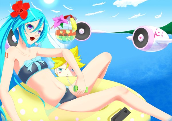 Anime picture 1466x1032 with vocaloid hatsune miku sureiso long hair blush open mouth blue eyes light erotic blonde hair twintails bare shoulders sky cloud (clouds) aqua eyes aqua hair bare legs girl boy navel swimsuit