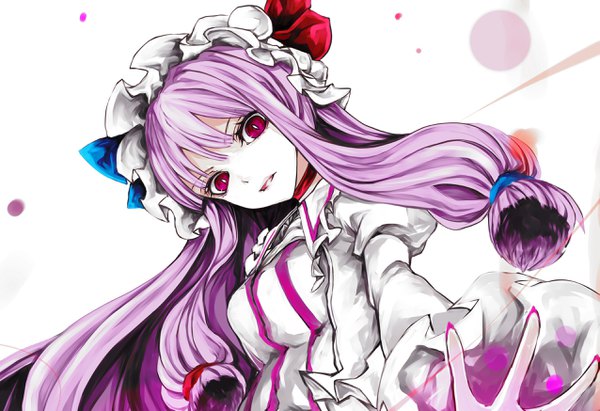 Anime picture 2549x1747 with touhou patchouli knowledge yutapon single looking at viewer fringe highres simple background hair between eyes white background purple eyes purple hair upper body long sleeves nail polish fingernails from below dutch angle puffy sleeves lipstick