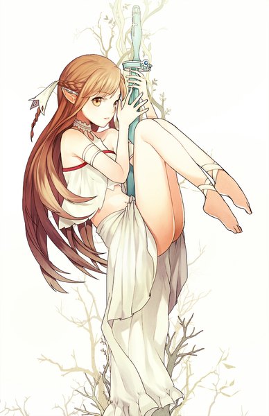 Anime picture 647x1000 with sword art online a-1 pictures yuuki asuna titania (alo) naguri single long hair tall image looking at viewer simple background brown hair white background bare shoulders brown eyes barefoot pointy ears girl navel weapon sword