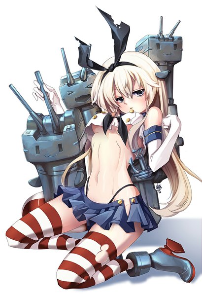 Anime picture 700x1023 with kantai collection shimakaze destroyer rensouhou-chan lucidsky long hair tall image blush light erotic simple background blonde hair white background purple eyes pleated skirt bare belly midriff kneeling torn clothes :3 > < naughty face