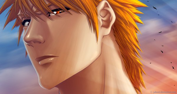 Anime picture 1440x770 with bleach studio pierrot kurosaki ichigo juhani (artist) single short hair wide image sky cloud (clouds) orange hair orange eyes coloring portrait face boy