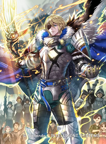 Anime picture 596x811 with fire emblem fire emblem: three houses nintendo dimitri alexandre blaiddyd clover k tall image fringe short hair blue eyes blonde hair smile hair between eyes standing looking away official art solo focus glowing weapon knight boy weapon
