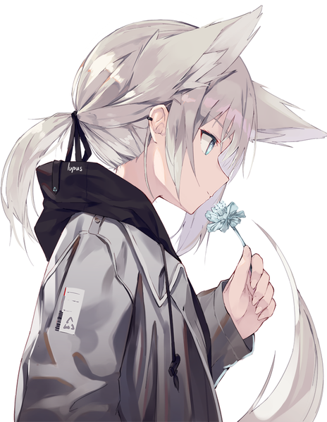 Anime picture 864x1117 with original nagishiro mito single long hair tall image fringe blue eyes simple background white background holding animal ears payot looking away silver hair upper body tail long sleeves animal tail profile fox ears