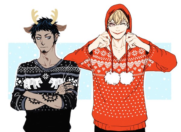 Anime picture 1280x936 with one piece toei animation trafalgar law donquixote rocinante hosino hikaru short hair black hair blonde hair smile looking away upper body eyes closed horn (horns) multiple boys tattoo piercing happy ear piercing christmas crossed arms