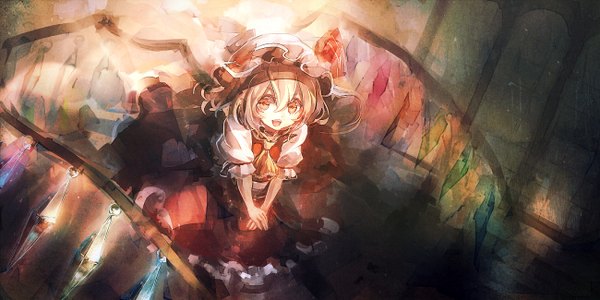 Anime picture 1300x650 with touhou flandre scarlet 60mai single long hair looking at viewer open mouth blonde hair wide image ponytail orange eyes side ponytail vampire girl skirt ribbon (ribbons) wings frills bonnet crystal