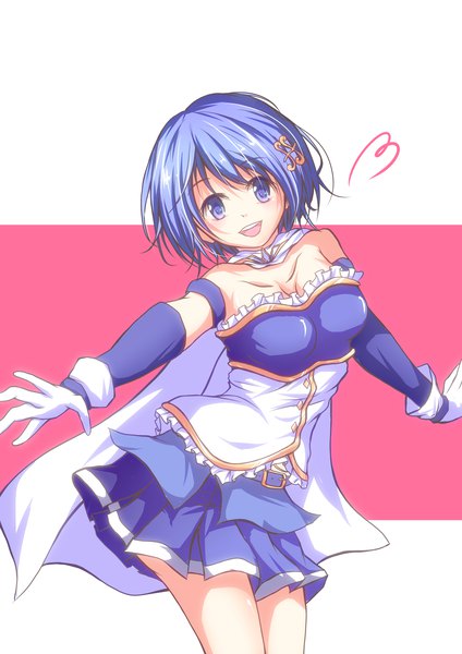 Anime picture 2480x3508 with mahou shoujo madoka magica shaft (studio) miki sayaka hoshi usagi single tall image looking at viewer fringe highres short hair open mouth blue eyes light erotic simple background smile standing bare shoulders blue hair :d pleated skirt