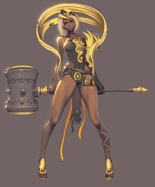 Anime picture 4724x5690 with blade & soul gon (blade & soul) kim hyung tae single tall image looking at viewer highres short hair breasts light erotic simple background blonde hair standing bare shoulders yellow eyes absurdres grey background legs torn clothes dark skin