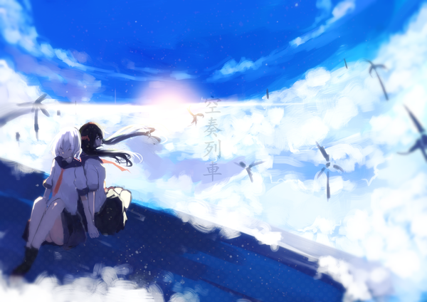 Anime picture 3541x2508 with original tarbo (exxxpiation) long hair looking at viewer highres short hair blue eyes black hair smile sitting multiple girls absurdres cloud (clouds) bent knee (knees) white hair eyes closed wind sunlight holding hands back to back