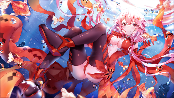 Anime picture 1600x900 with guilty crown production i.g yuzuriha inori usagihime single long hair looking at viewer blush fringe breasts open mouth light erotic hair between eyes red eyes wide image twintails pink hair cleavage full body bent knee (knees)