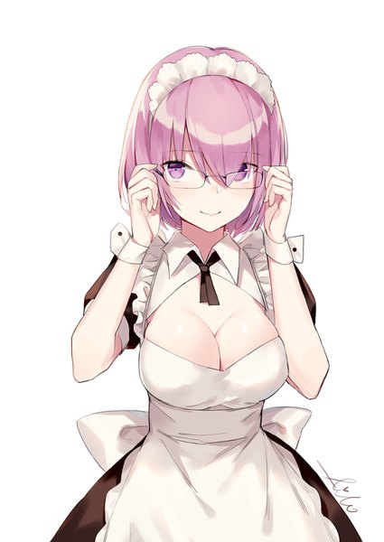 Anime picture 1000x1412 with fate (series) fate/grand order mash kyrielight aiko (kanl) single tall image fringe short hair breasts light erotic simple background smile hair between eyes large breasts white background purple eyes signed pink hair cleavage maid