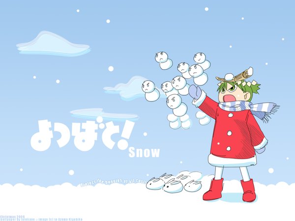 Anime picture 1600x1200 with yotsubato koiwai yotsuba single short hair open mouth standing looking away sky cloud (clouds) full body arm up green hair :o copyright name fur trim snowing winter snow >:o girl