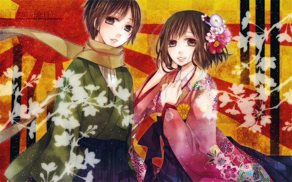 Anime picture 1728x1080 with axis powers hetalia studio deen japan (hetalia) looking at viewer highres short hair smile brown hair wide image brown eyes traditional clothes japanese clothes hair flower girl boy hair ornament flower (flowers) scarf
