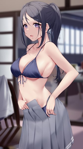 Anime picture 2000x3556 with love live! sunshine!! sunrise (studio) love live! matsuura kanan yamaori (yamaorimon) single long hair tall image looking at viewer fringe highres breasts open mouth light erotic black hair hair between eyes large breasts standing purple eyes payot