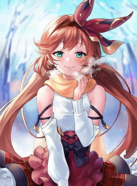 Anime picture 1000x1353 with granblue fantasy clarisse (granblue fantasy) shiao single long hair tall image looking at viewer blush smile standing twintails bare shoulders green eyes outdoors orange hair low twintails exhalation girl skirt ribbon (ribbons)