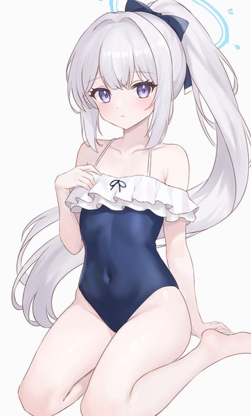 Anime picture 1931x3200 with blue archive miyako (blue archive) miyako (swimsuit) (blue archive) fanteam single long hair tall image looking at viewer highres light erotic simple background white background sitting purple eyes payot silver hair ponytail official alternate costume covered navel pale skin