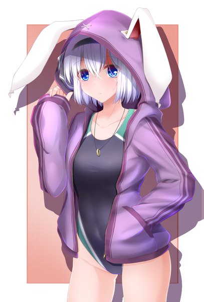 Anime picture 1122x1654 with touhou konpaku youmu evandragon single tall image looking at viewer blush fringe short hair breasts blue eyes light erotic simple background hair between eyes standing animal ears white hair parted lips open jacket shadow