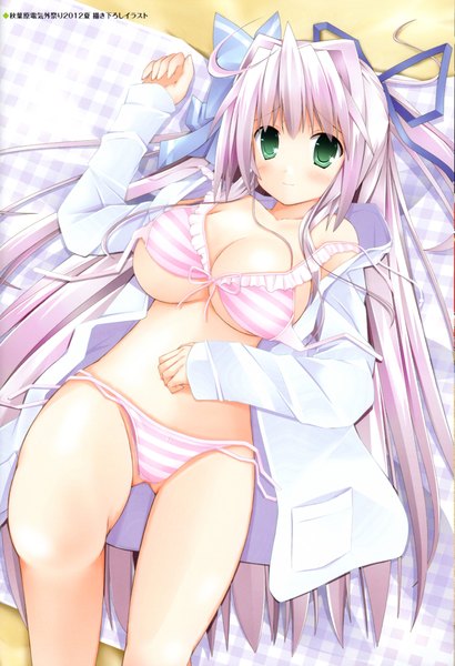 Anime picture 1500x2195 with tiny dungeon (game) rosebleu kuon itsuki single long hair tall image blush breasts light erotic bare shoulders green eyes purple hair open clothes open shirt beach underboob girl ribbon (ribbons) swimsuit hair ribbon