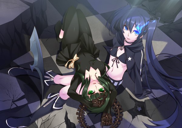 Anime picture 4093x2894 with black rock shooter black rock shooter (character) dead master bz (pixiv) kokonoe shuu long hair highres blue eyes black hair sitting twintails multiple girls green eyes absurdres very long hair from above midriff glowing flat chest scar