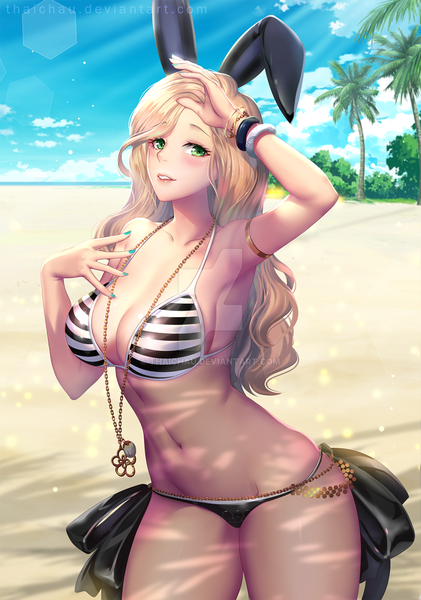 Anime picture 1024x1459 with original riiya (mabong1989) single long hair tall image looking at viewer blush fringe breasts light erotic blonde hair large breasts green eyes signed animal ears sky cleavage cloud (clouds) outdoors nail polish