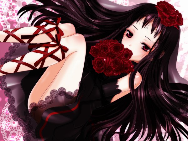 Anime picture 1024x768 with ar tonelico ar tonelico ii gust (company) jacqli inumori sayaka single long hair looking at viewer black hair smile red eyes bare shoulders bent knee (knees) hair flower ankle ribbon girl dress gloves hair ornament flower (flowers)