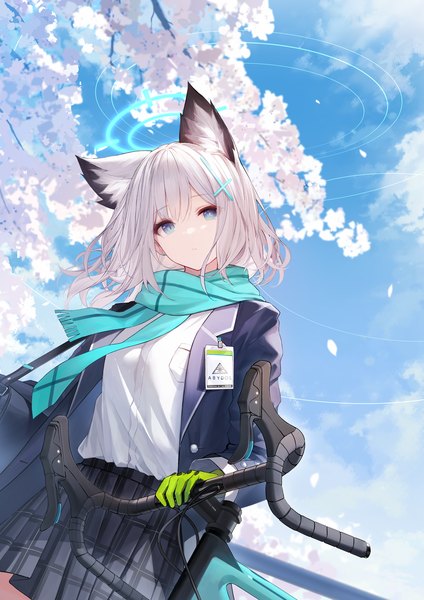 Anime picture 1414x2000 with blue archive shiroko (blue archive) an yasuri single tall image looking at viewer fringe short hair blue eyes standing animal ears sky cloud (clouds) outdoors head tilt pleated skirt grey hair open clothes plaid skirt girl