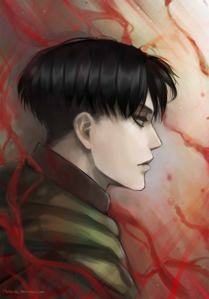 Anime picture 900x1284 with shingeki no kyojin production i.g levi (rivaille) midorisa single tall image short hair black hair brown eyes signed profile portrait pale skin boy blood