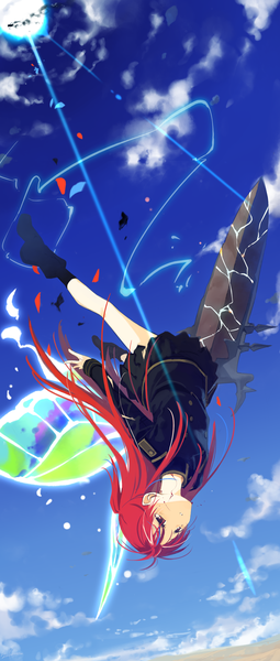 Anime-Bild 1396x3280 mit shuumatsu nani shitemasu ka? isogashii desu ka? sukutte moratte ii desu ka? chtholly nota seniorious seu (hutotomomo) single tall image red eyes signed blue hair sky red hair very long hair parted lips sunlight two side up torn clothes looking down smoke horizon sunbeam upside down