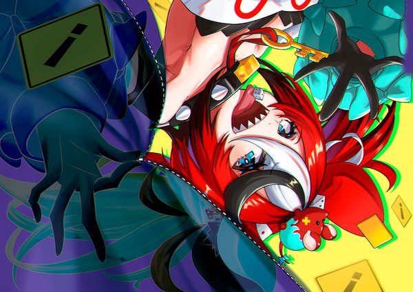 Anime picture 2121x1500 with virtual youtuber hololive hololive english hakos baelz mr. squeaks (hakos baelz) bob-the-bison single long hair fringe highres open mouth blue eyes hair between eyes red hair multicolored hair teeth streaked hair upside down sharp teeth unzipped