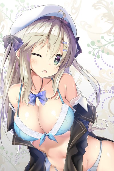 Anime picture 1200x1800 with original maritaki single long hair tall image looking at viewer blush fringe breasts open mouth light erotic simple background blonde hair large breasts standing bare shoulders green eyes payot cleavage upper body