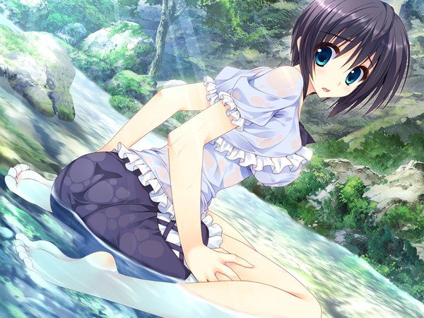 Anime picture 1280x960 with hoshizora e kakaru hashi doga kobo yocchan blush short hair blue eyes light erotic black hair game cg barefoot wet wet clothes girl skirt miniskirt