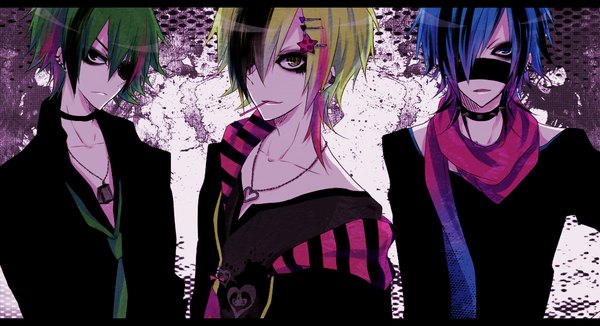 Anime picture 1099x598 with happy tree friends flippy splendid (htf) nutty carol (pixiv) fringe short hair blue eyes wide image green eyes yellow eyes multicolored hair hair over one eye piercing personification boy hair ornament necktie hairclip scarf